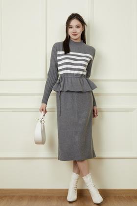 LNNNS 灰色条纹收腰设计针织连衣裙 19086