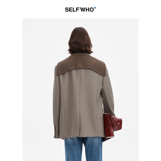 SELFWHO羊毛混纺橄榄棕西装外套女2024秋新款休闲通勤海军领西服 商品图2