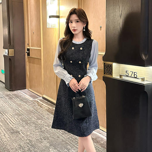 奢姿2024年秋季新款大码女装拼接减龄裙子胖妹妹立领假两件连衣裙9943855395 商品图1