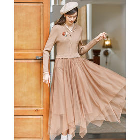 Famecoco范可儿千金感钉珠针织网纱连衣裙FAB8FA033