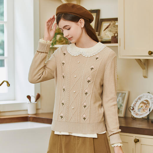 Famecoco范可儿圆领重工钩花套头毛衣秋冬FAB8DB040 商品图3