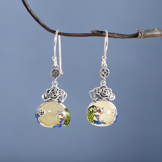 【清雅钱袋】S925银镶嵌和田玉烧蓝钱袋耳饰【RP-ez021749】 商品图2