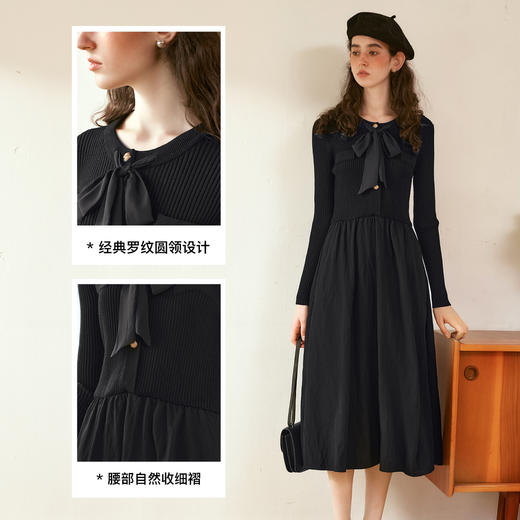 OLrain欧芮儿法式黑色连衣裙女秋季2024年新款小香风收腰A字长裙 商品图2