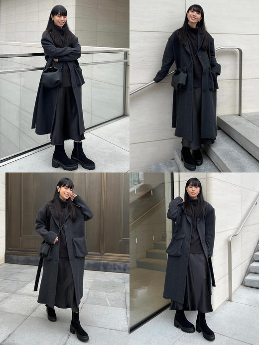 HIDEMI 极简大立体口袋设计感飞行员式领底呢手工式拼接宽肩大廓形绵羊毛厚款长款可拆卸腰带毛呢西装大衣外套 深灰色/藏蓝色 商品图3