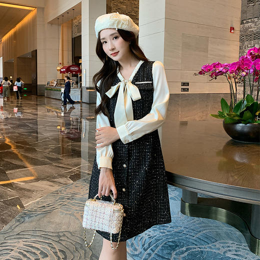 奢姿大码女装2024冬季减龄系带领小香风拼接连衣裙胖妹妹时尚裙子 商品图1