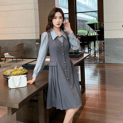 奢姿2025春秋季新款大码女装拼接压褶裙子胖妹妹休闲翻领连衣裙9943860328 商品图1