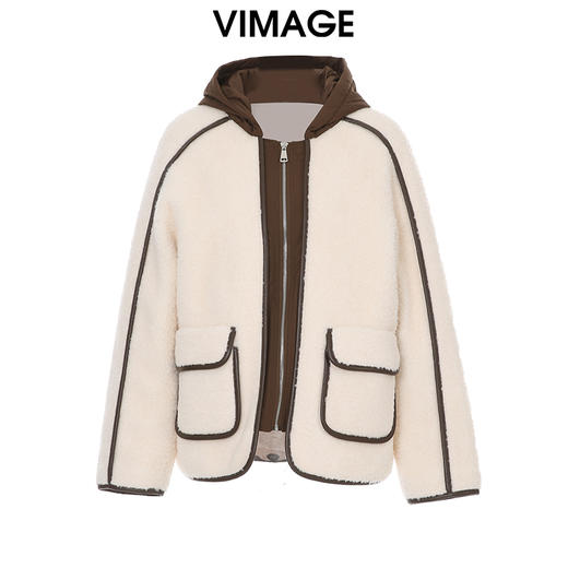 VIMAGE纬漫纪休闲连帽宽松羊毛保暖颗粒绒撞色外套冬季新款VD2403303 商品图6