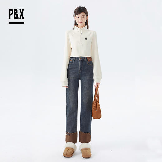 P&X设计师女装冬季显瘦直筒休闲加绒牛仔长裤 824410117A
 牛仔兰 商品图1