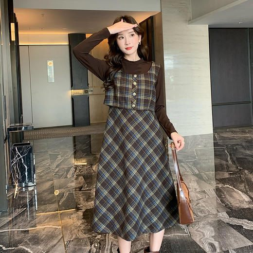 奢姿2025秋冬大码女装胖复古假两件半高领打底衫马甲背心连衣裙9944826838 商品图1