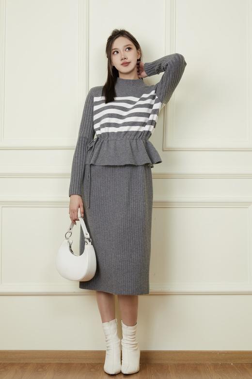 LNNNS 灰色条纹收腰设计针织连衣裙 19086 商品图1