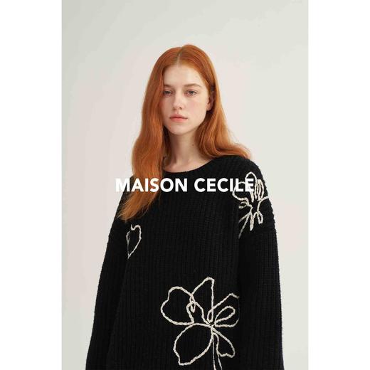 MAISON CECILE奶白/黑色du家设计花型高克重全羊毛粗针毛衣 商品图2