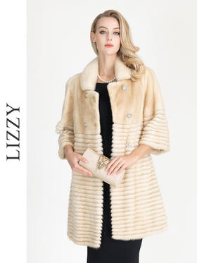 LIZZY优雅丹麦进口母貂水貂裘皮双排扣饰水钻扣大衣外套秋冬女4655