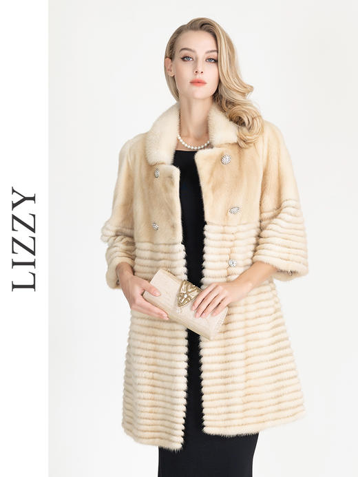LIZZY优雅丹麦进口母貂水貂裘皮双排扣饰水钻扣大衣外套秋冬女4655 商品图0