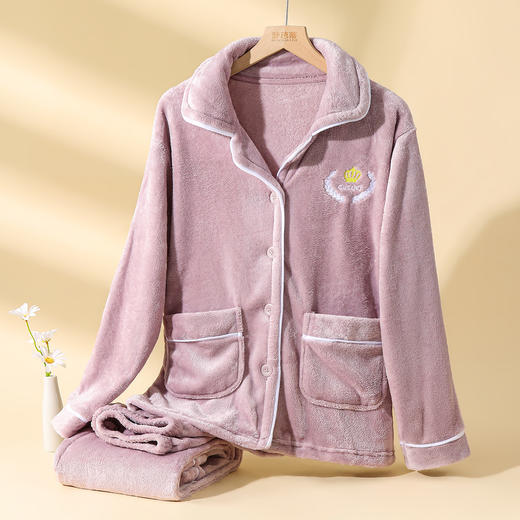 【云感亲肤柔软】睡衣女冬季款长袖开衫加绒加厚家居服女可外穿皇冠刺绣家居服 商品图5