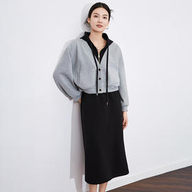 【高货wl】全新升级【铂金会员349/天猫469/差价120】(12406) 洛诗琳秋冬撞色连帽外套时尚百搭设计感半身裙秋冬两件套