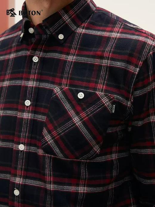 波顿秋冬季男士长袖红蓝色格子衬衫高端美式休闲上衣 商品图3