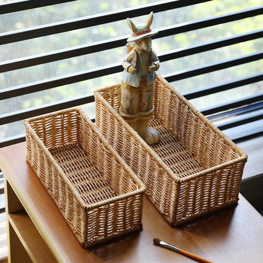 【浅咖色】娜家仿藤长形塑编收纳篮 商品图0