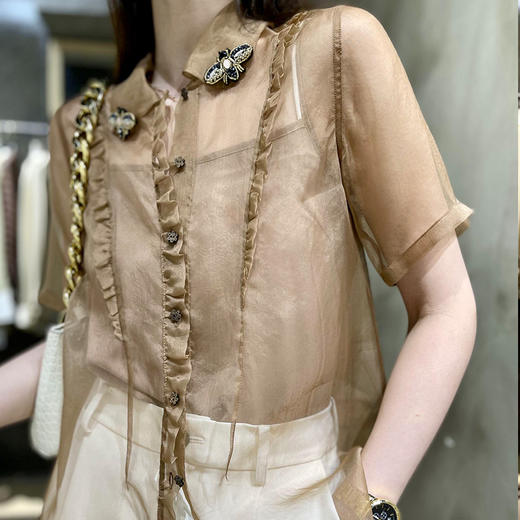 【顺丰包邮】80142 洛诗琳高级感100%真丝8mm欧根纱蜜蜂荷叶衬衣22603 商品图1