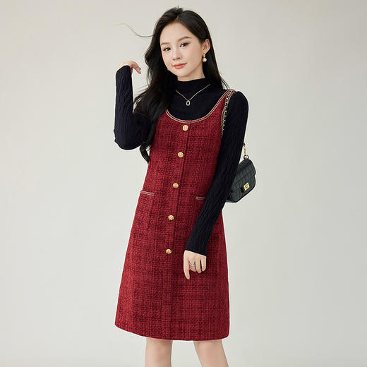 奢姿2025秋冬季新款大码女装复古方领裙子胖妹妹小香风背心连衣裙9944855176（只有背心连衣裙不包含打底衣）） 商品图1