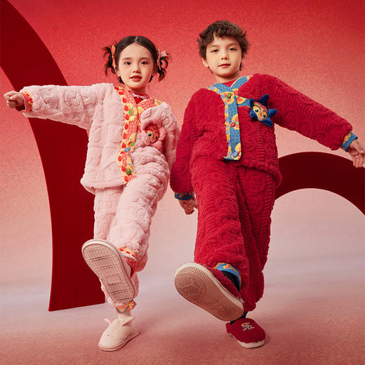 蛇么都旺年衣童装儿童家居服套装2025冬新款男女童睡衣本命年红色保暖套装 商品图3