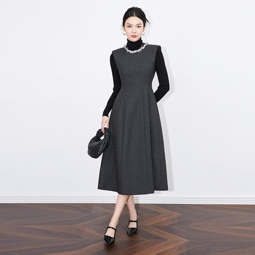 【高货wl】全新升级【铂金会员349/天猫469/差价120】(14902) 洛诗琳秋冬法式修身羊毛呢钉钻无袖叠肩大摆中长款连衣裙 商品图3