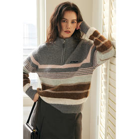 HeyDress半高领条纹毛衣女秋冬复古慵懒加厚宽松灰色渐变针织上衣