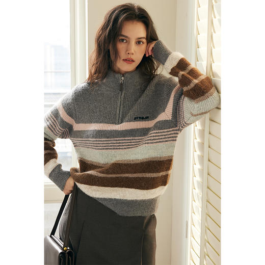 HeyDress半高领条纹毛衣女秋冬复古慵懒加厚宽松灰色渐变针织上衣 商品图0