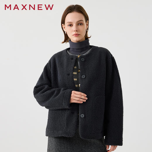 【茄克】仿羊羔绒廓形无领外套1N4223107 商品图0