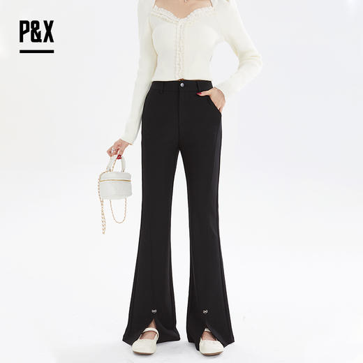P&X设计师女装秋季微喇叭修身开叉针织休闲长裤 824309289 黑色 商品图1