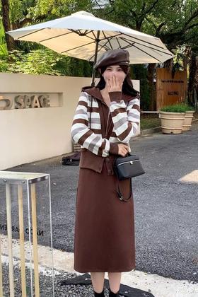 HAYES 棕色条纹休闲连衣裙假两件 19123