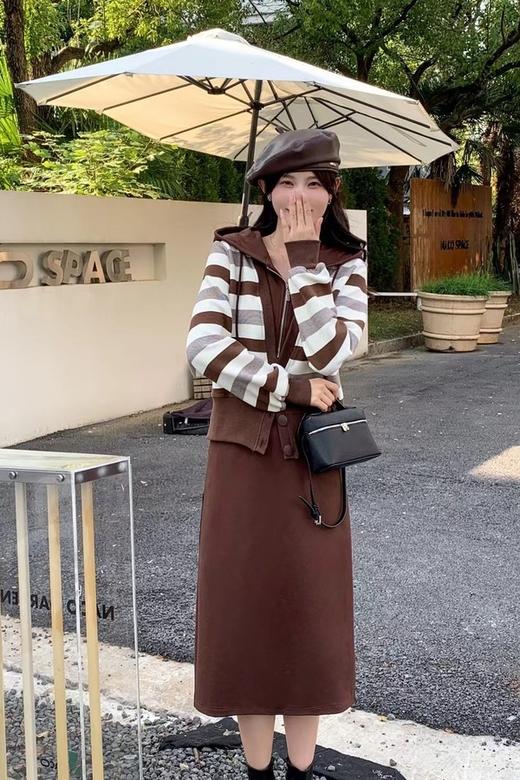 HAYES 棕色条纹休闲连衣裙假两件 19123 商品图0