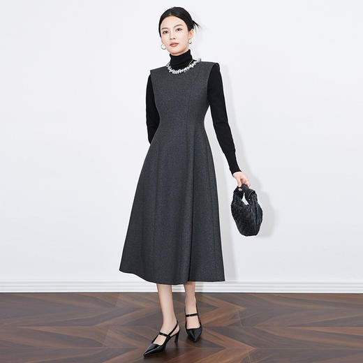 【高货wl】全新升级【铂金会员349/天猫469/差价120】(14902) 洛诗琳秋冬法式修身羊毛呢钉钻无袖叠肩大摆中长款连衣裙 商品图1