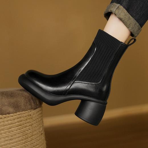 牛皮拼接毛线口高跟短靴女秋冬新款粗跟厚底休闲马丁靴百搭弹力靴DTN&X312-11 商品图3