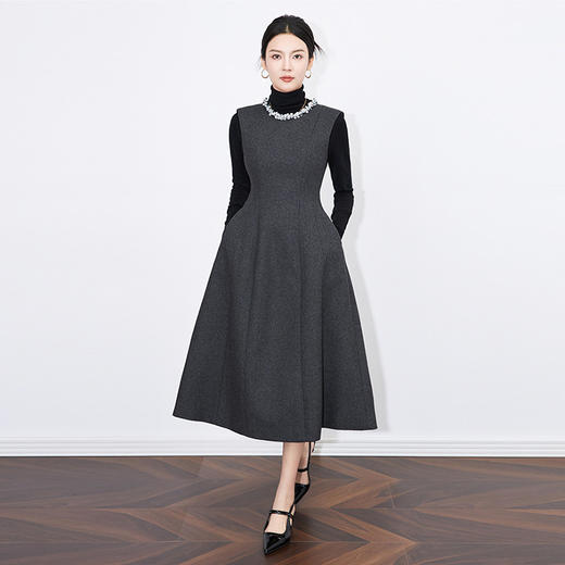 【高货wl】全新升级【铂金会员349/天猫469/差价120】(14902) 洛诗琳秋冬法式修身羊毛呢钉钻无袖叠肩大摆中长款连衣裙 商品图2
