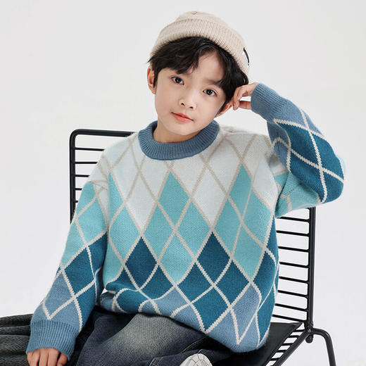 【柔软舒适面料，精致菱形线条，时尚设计，让孩子穿出自信！】秋冬男童菱形格毛衣 秋冬新款中大童韩版 休闲洋气圆领针织衫潮-QQ 商品图3
