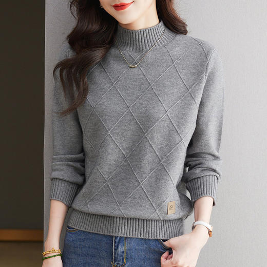 CC-66-5879半高领毛衣女款2024新款冬季时尚菱形针织上衣内搭宽松厚款打底衫 商品图3