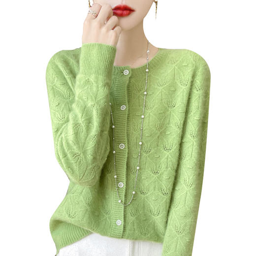 TZW-100纯羊毛开衫2024新款女装针织开衫圆领镂空外套外搭 商品图4