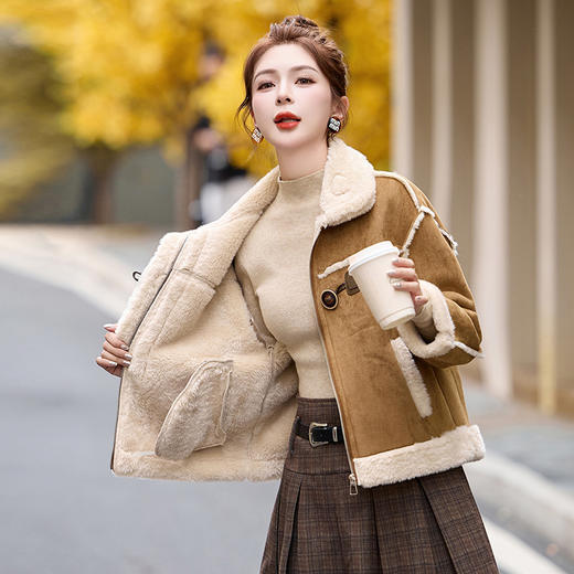 HR YWY8980时尚高级感皮毛一体加厚麂皮绒棉服羊羔毛外套 商品图1