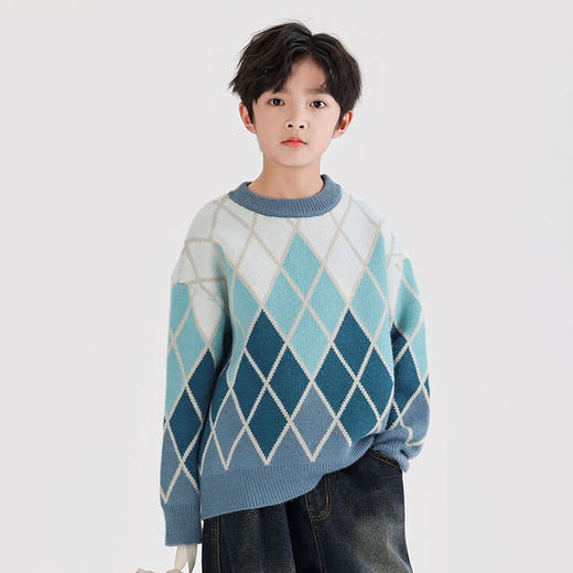 【柔软舒适面料，精致菱形线条，时尚设计，让孩子穿出自信！】秋冬男童菱形格毛衣 秋冬新款中大童韩版 休闲洋气圆领针织衫潮-QQ 商品图1