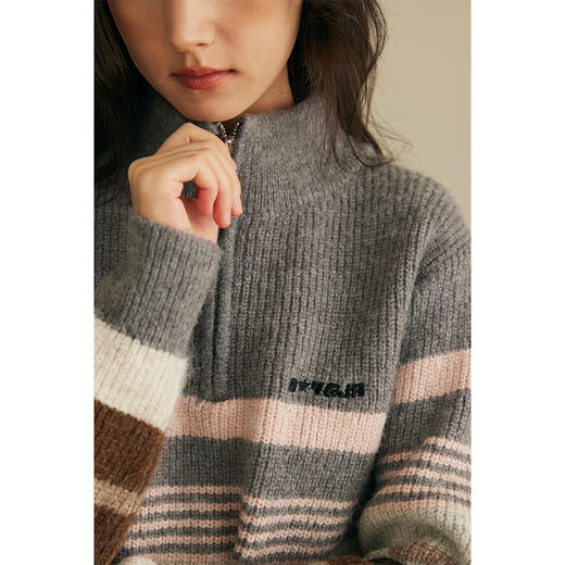 HeyDress半高领条纹毛衣女秋冬复古慵懒加厚宽松灰色渐变针织上衣 商品图2