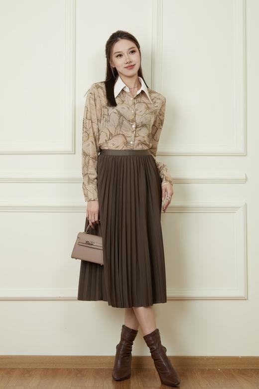 Le Malene 橄榄棕色印花衬衫弹力百褶裙套装 19108 商品图1