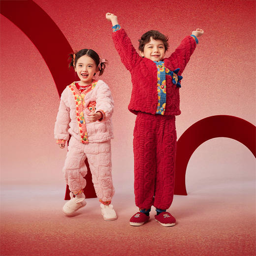 蛇么都旺年衣童装儿童家居服套装2025冬新款男女童睡衣本命年红色保暖套装 商品图8