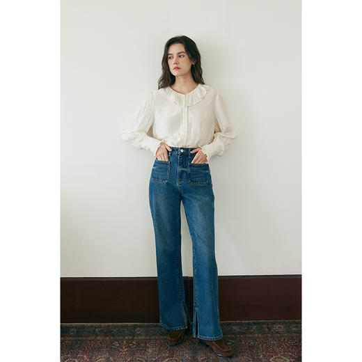 （小眠专属）HeyDress复古双口袋牛仔裤女秋冬宽松高腰阔腿微喇裤深蓝色裤子 商品图1