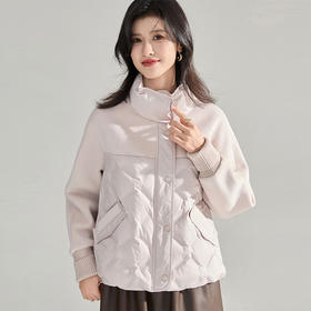 【高货sh】全新升级【铂金会员514/天猫699/差价185】(12707) 洛诗琳冬季新款设计感文艺风立领毛呢拼接小个子羽绒服