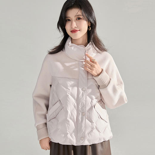 【高货sh】全新升级【铂金会员514/天猫699/差价185】(12707) 洛诗琳冬季新款设计感文艺风立领毛呢拼接小个子羽绒服 商品图0