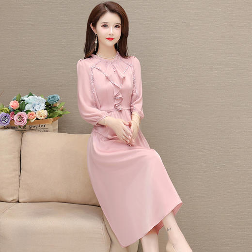 粉色垂感连衣裙春秋季款长袖A字裙 QYM-HL-24NF05-Y 商品图1