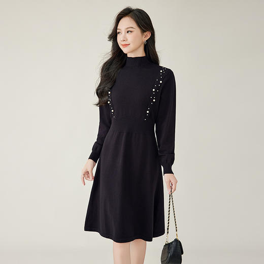奢姿2024年秋季新款大码女装钉珠针织裙子胖妹妹法式半高领连衣裙5743803518 商品图3