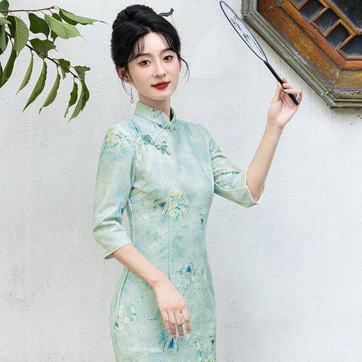 新中式国风秋冬新款改良日常气质显白长款旗袍裙MLS7027 商品图3