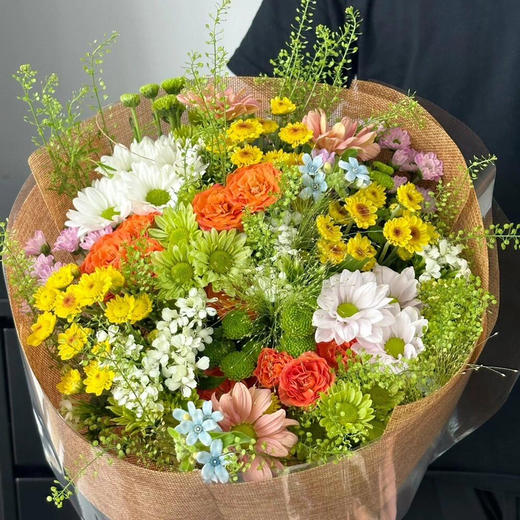 【梨花春雪】橙色三文鱼小雏菊2支+白色三文鱼小雏菊2支+绿精灵小雏菊2支+金太阳小雏菊2支+凯文粉小雏菊2支+绿森林小雏菊2支+绿林草4小支+蓝星花3支+白星花3支+橙色芭比多头玫瑰2支（无包装） 商品图0