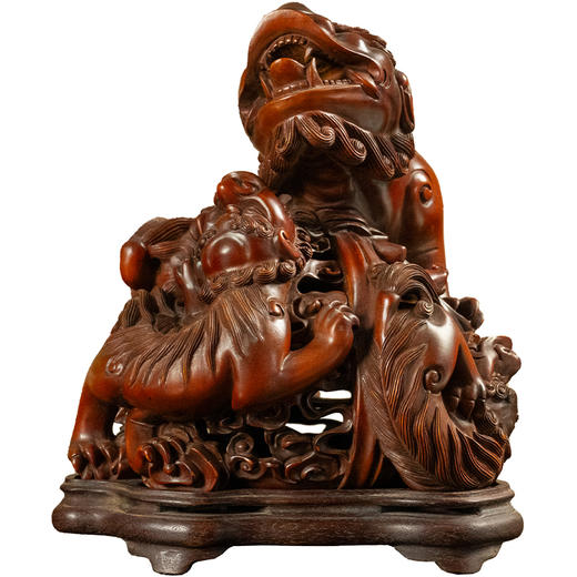 清 黄杨木透雕子母瑞兽香薰（红木座） 商品图5